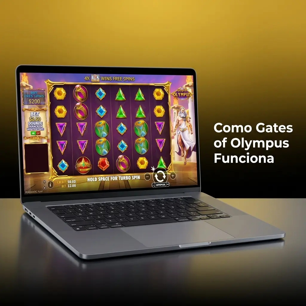 Diagrama explicando como funciona Gates of Olympus com etapas de apostas, cascatas e multiplicadores