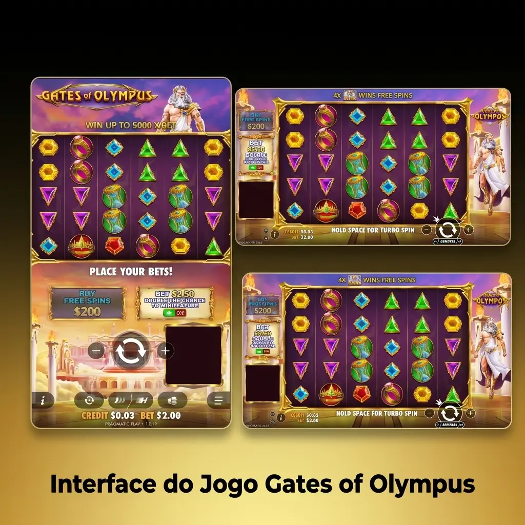 Interface do jogo Gates of Olympus com grade 6x5, fundo estrelado, colunas gregas e controles de aposta na parte inferior